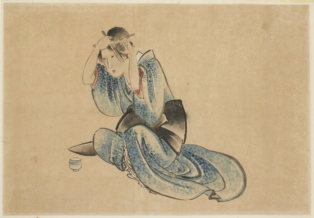 Ülő hölgy a WC-jében alkotó: Katsushika (school of) Hokusai