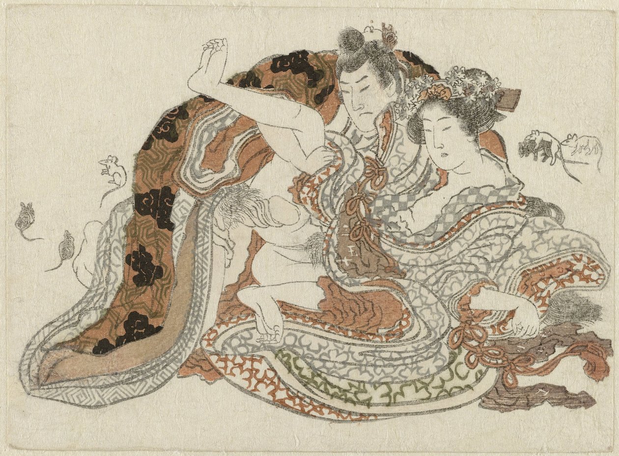 Szerelmi pár és patkányok alkotó: Katsushika Hokusai (possibly)