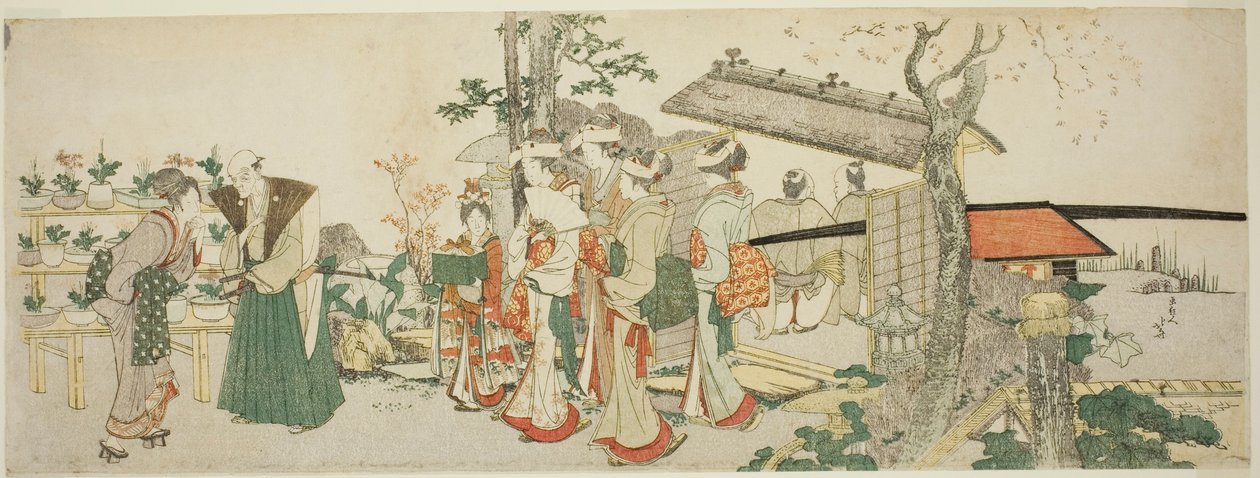 Fiatal nők csoportja belép egy kertész kertjébe alkotó: Katsushika Hokusai