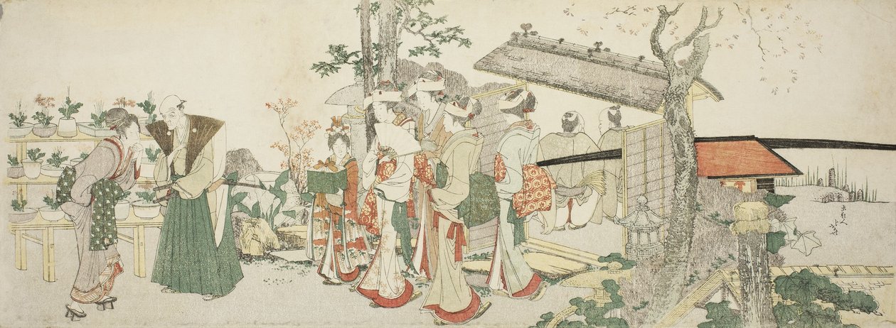 Fiatal nők csoportja belép egy kertész kertjébe alkotó: Katsushika Hokusai
