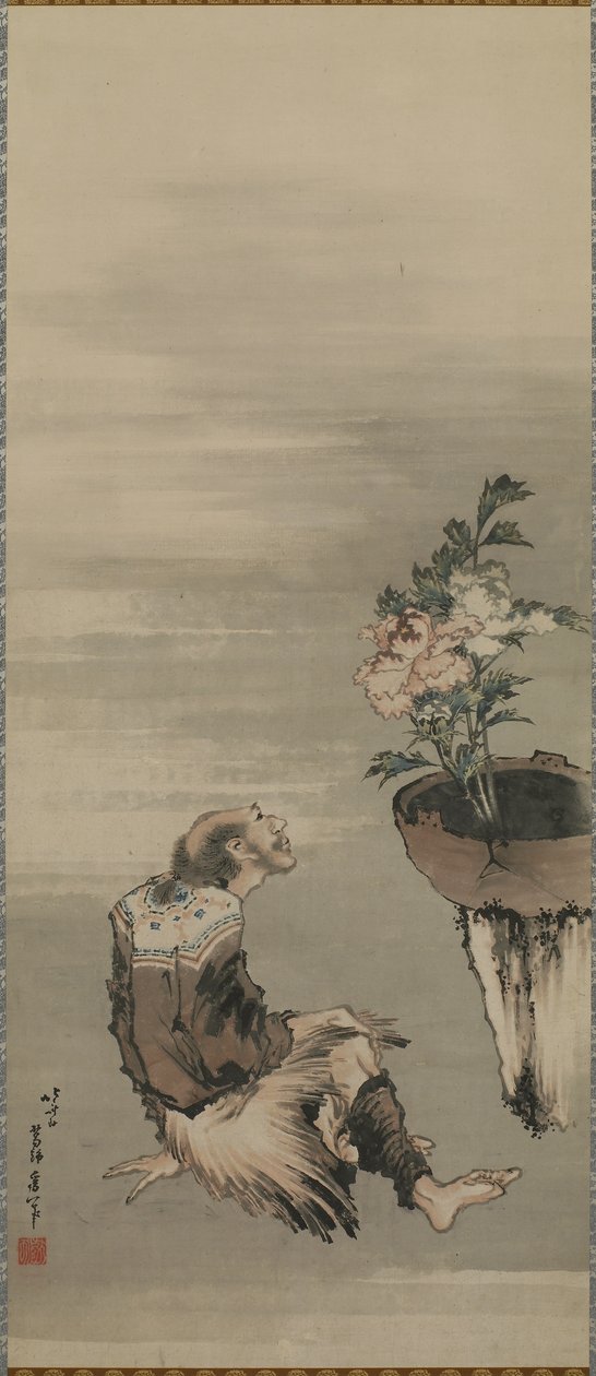 Egy ülő férfi cserepes pünkösdi rózsát néz, Edo-korszak (tinta és szín a papíron) alkotó: Katsushika Hokusai