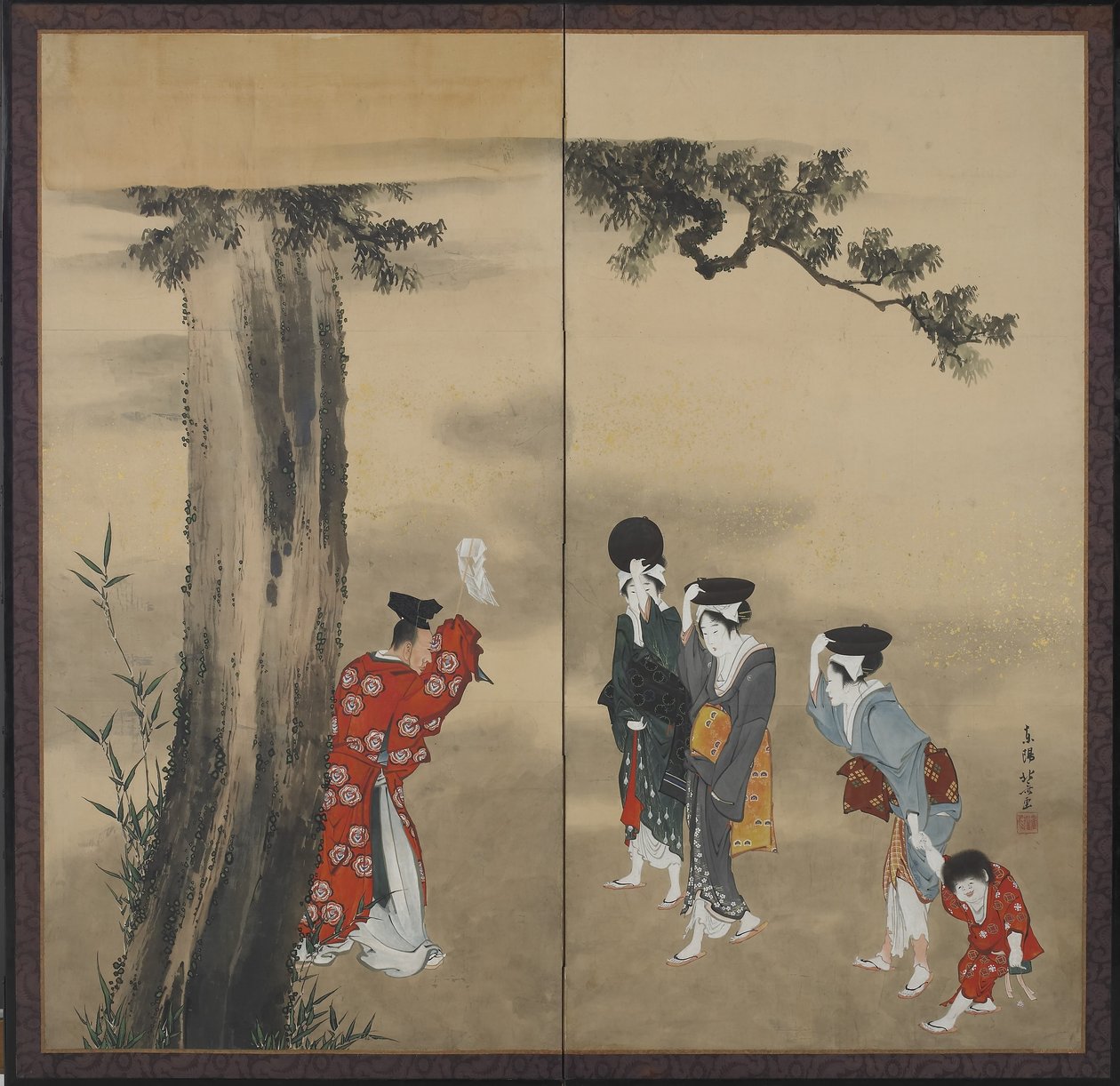 Egy sintó pap, három nő és egy gyermek alkotó: Katsushika Hokusai