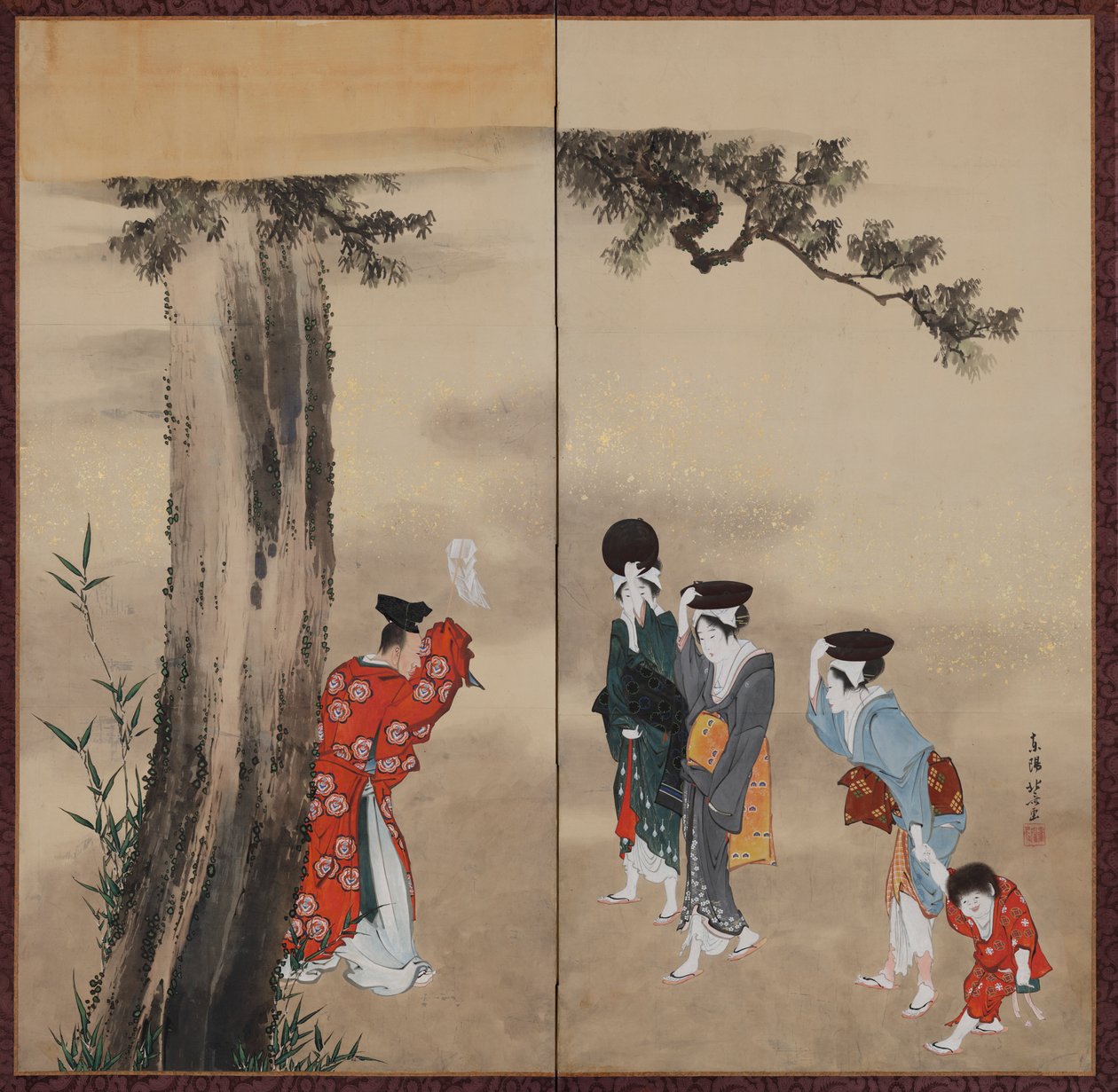 Egy sintó pap, Három nő és egy gyerek, Edo-korszak, kb. 1799-1801. alkotó: Katsushika Hokusai