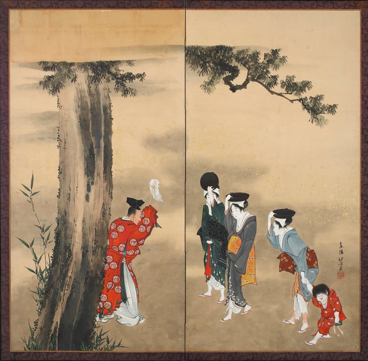 Egy sintó pap, három nő és egy gyermek, Edo-korszak, 1799 körül (tinta, arany és szín, papír) alkotó: Katsushika Hokusai