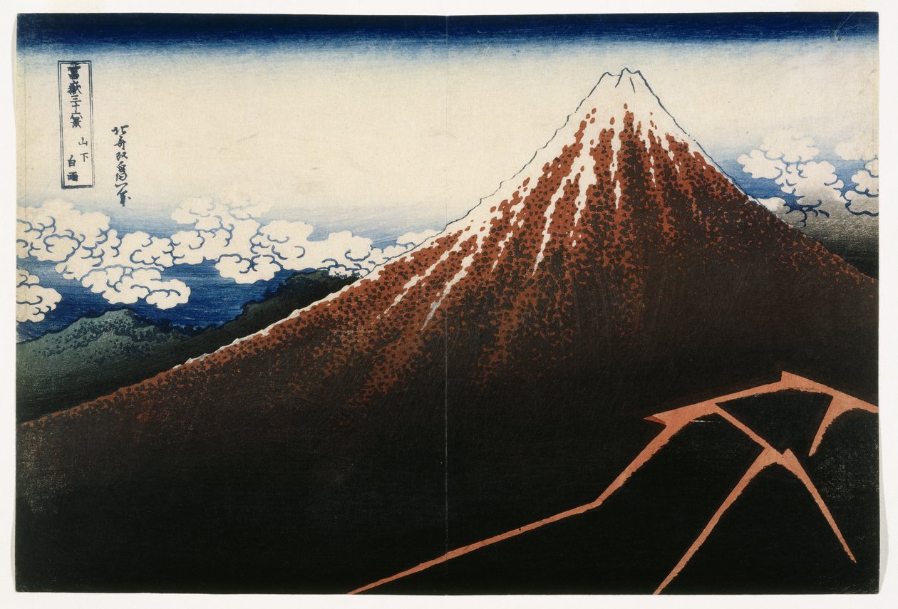Zuhany a csúcs alatt, a Harminchat kilátás a Fudzsi-hegyre (Fugaku sanjurokkei) sorozatból, 1823 körül (fatömbnyomat) alkotó: Katsushika Hokusai