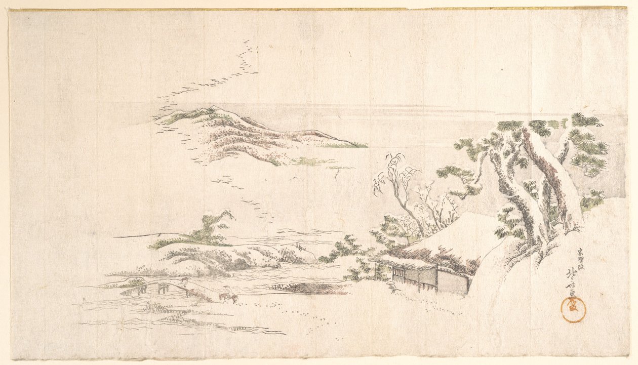 Hóval borított táj szürke felhőkkel alkotó: Katsushika Hokusai
