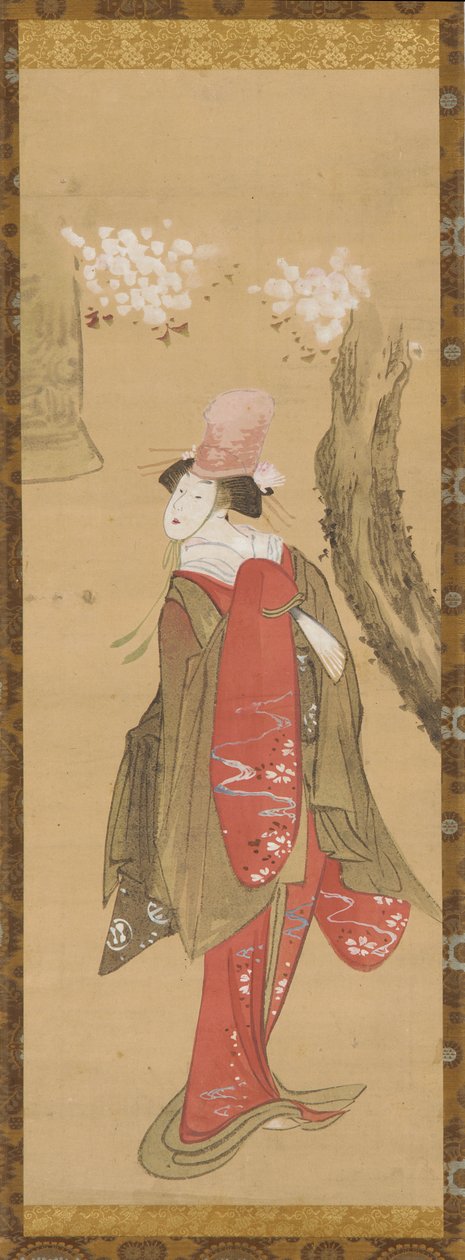 Egy táncos, Kiyohime, egy cseresznyefa és a Dojo-ji harangja, 18. század vége – 19. század elején. alkotó: Katsushika Hokusai