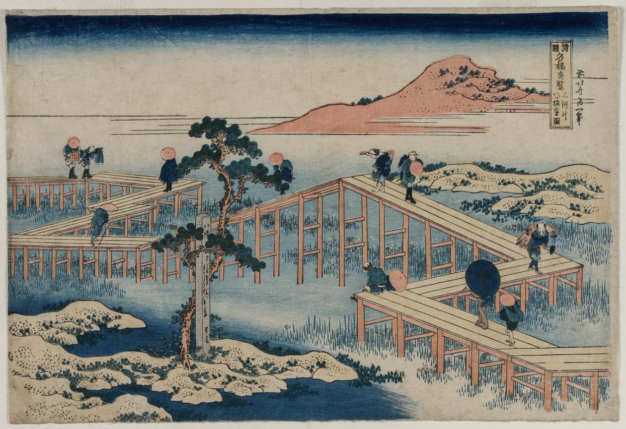 Egy ókori kép a nyolcrészes hídról Mikawa tartományban (a tartományok híres hídjaira című sorozatból) alkotó: Katsushika Hokusai
