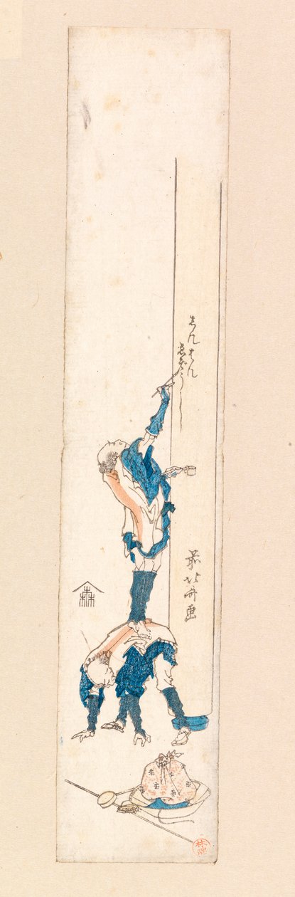 Egy férfi hátán álló művész egy oszlopra ír, 1820 körül (színes fametszet) alkotó: Katsushika Hokusai