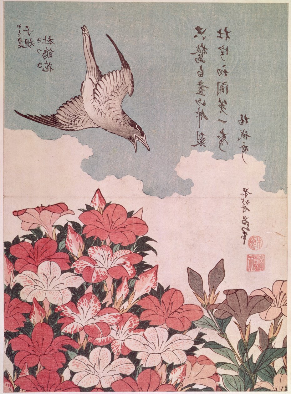 Azáleák és kakukk, kiadó: Eijudo, 1830 körül (színes fatömbnyomat) alkotó: Katsushika Hokusai
