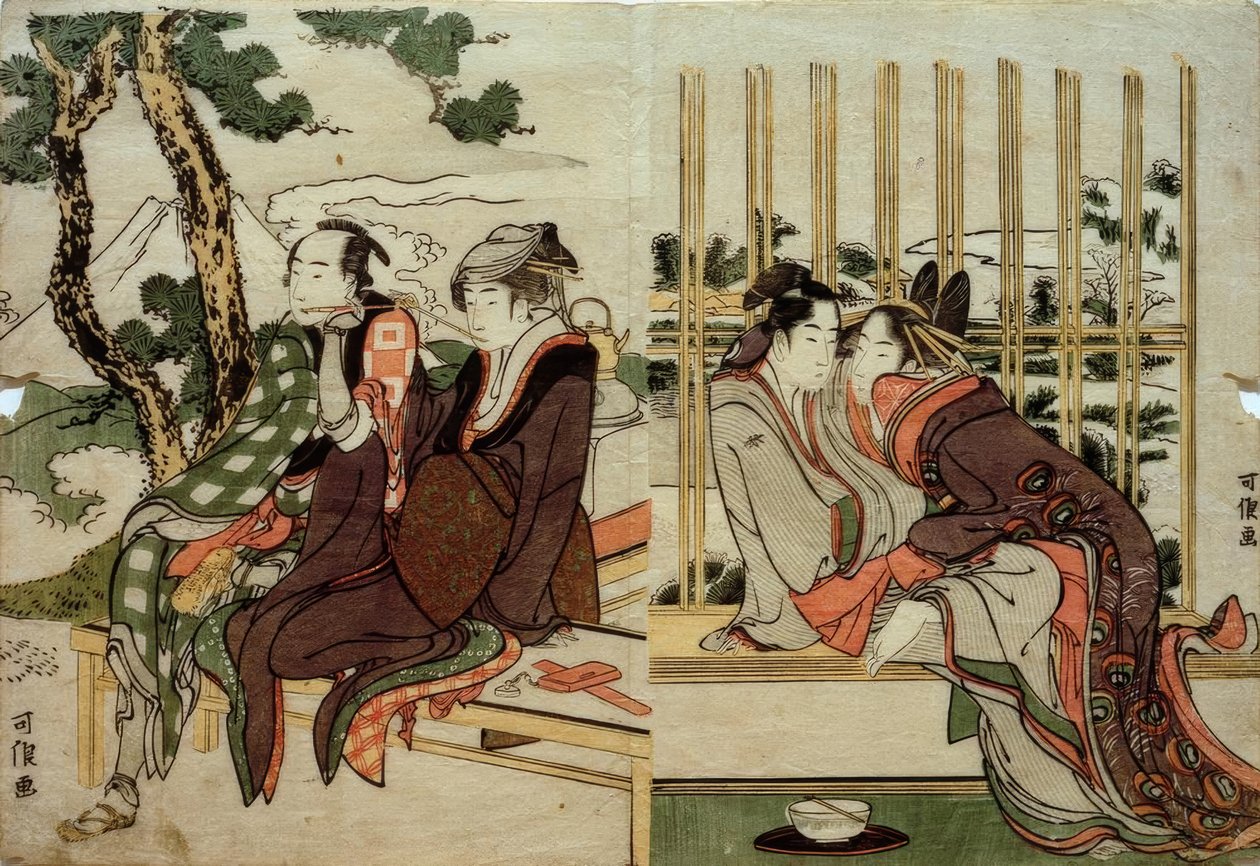 Azuma és Yogoro a régi hóban. Koman és Yosaku a naplementében alkotó: Katsushika Hokusai