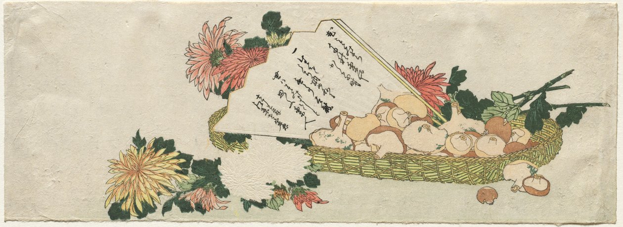 Kosár legyezővel, krizantémokkal és gombákkal, 1800-as évek eleje. alkotó: Katsushika Hokusai