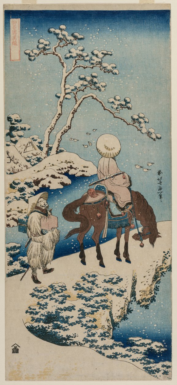 Kínai hivatalos megállás a hídon, hogy megnézze a havat..., 1834-1835. alkotó: Katsushika Hokusai