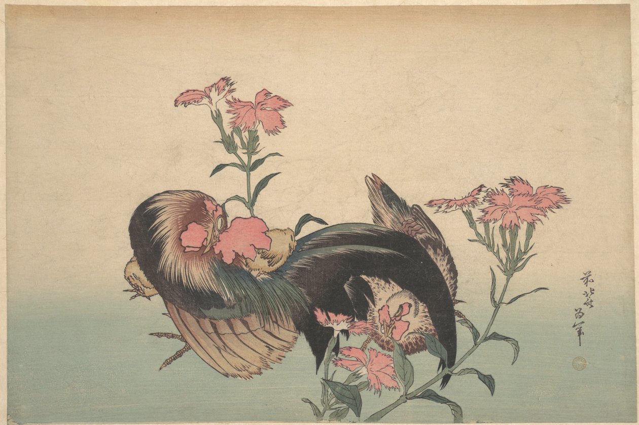 Kakas, tyúk és nadeshiko (Dianthus superbus) alkotó: Katsushika Hokusai