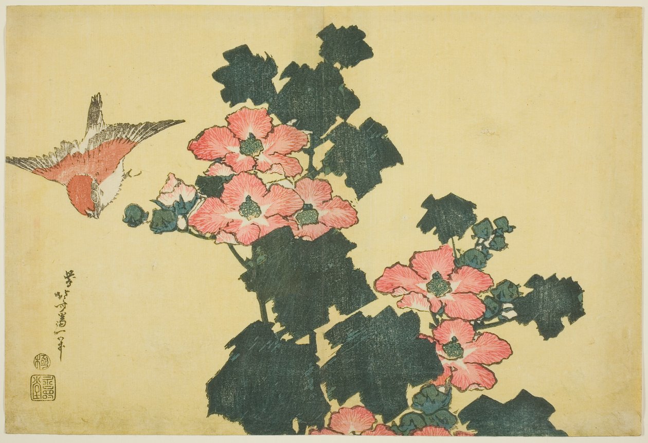 Gyapotrózsák és veréb, a nagy virágok cím nélküli sorozatából alkotó: Katsushika Hokusai