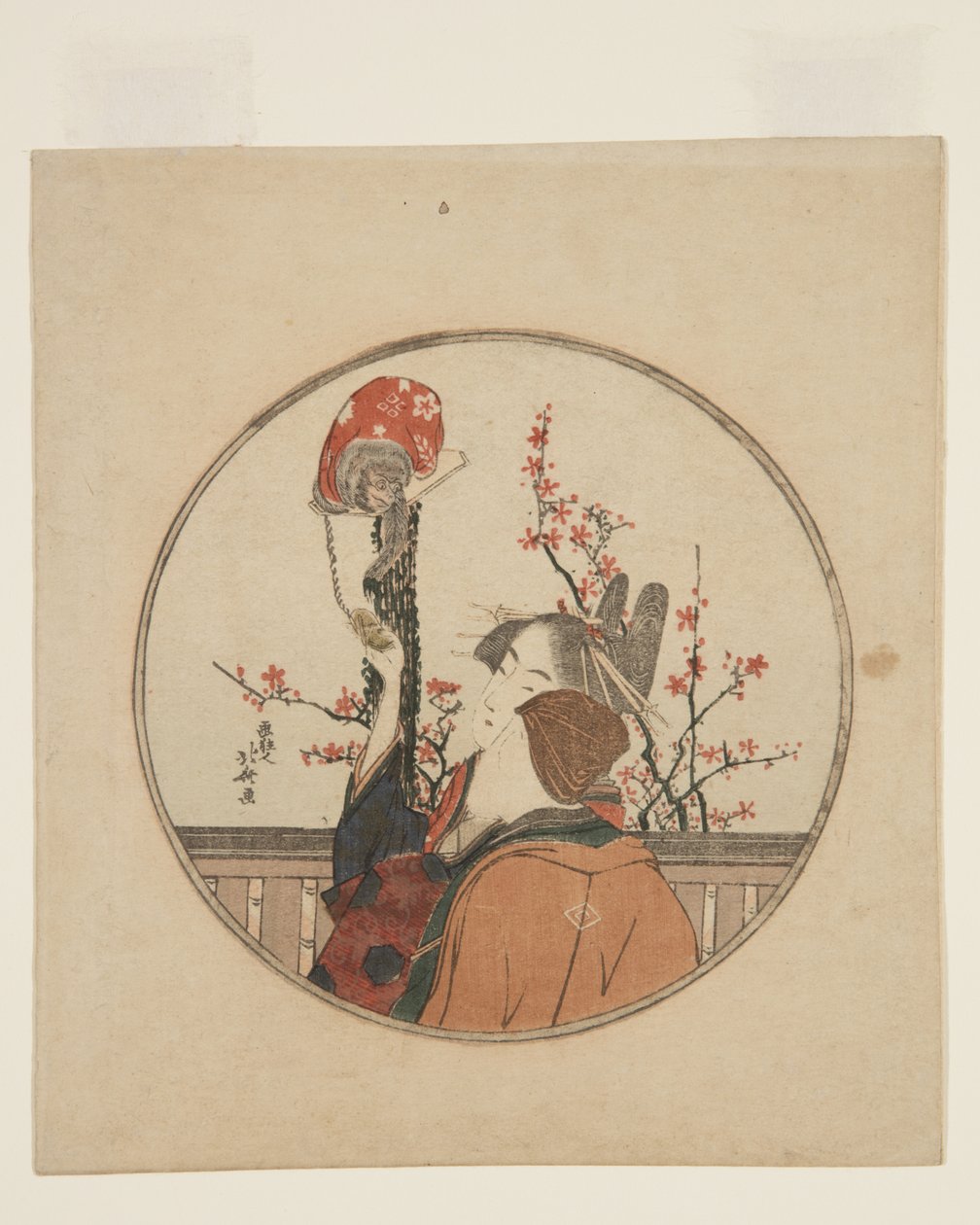 udvarhölgy, vendég és házi kedvenc majom (színes fatömbnyomat) alkotó: Katsushika Hokusai