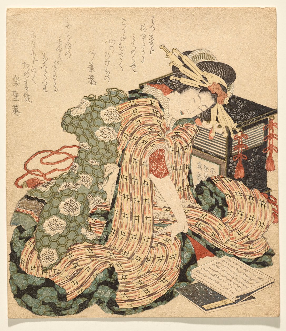 Az udvarhölgy egy másolatával pihen alkotó: Katsushika Hokusai