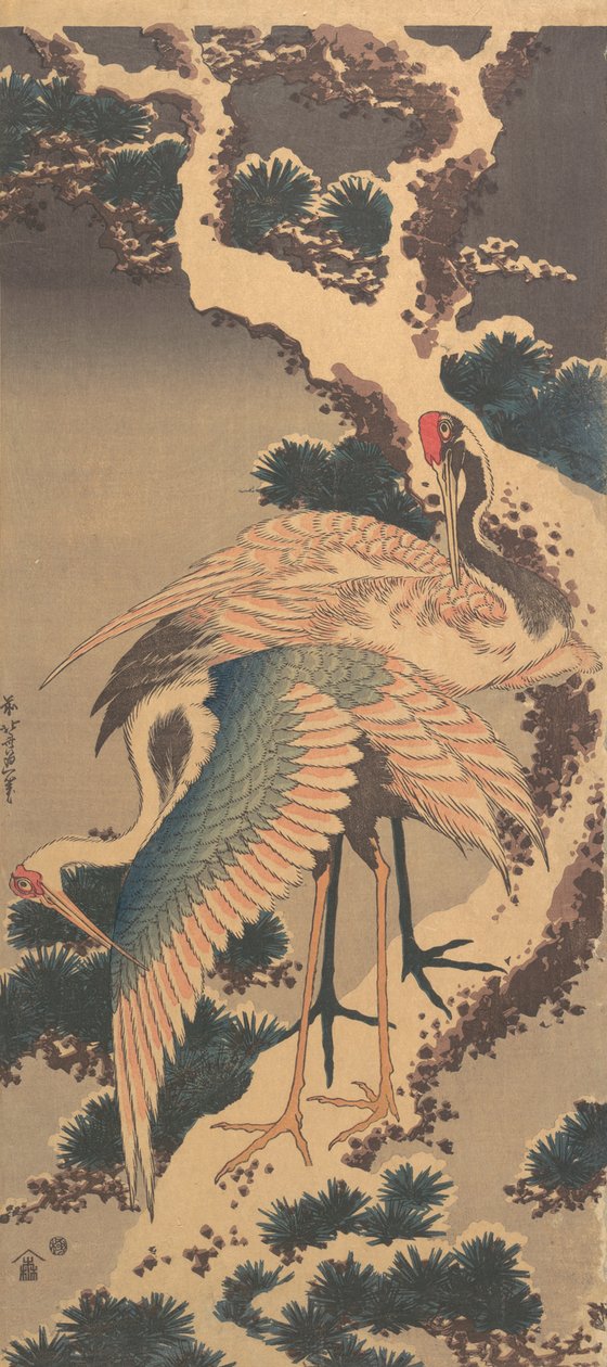 Daruk a hóval borított fenyő ágán, 1820-as évek vége. alkotó: Katsushika Hokusai