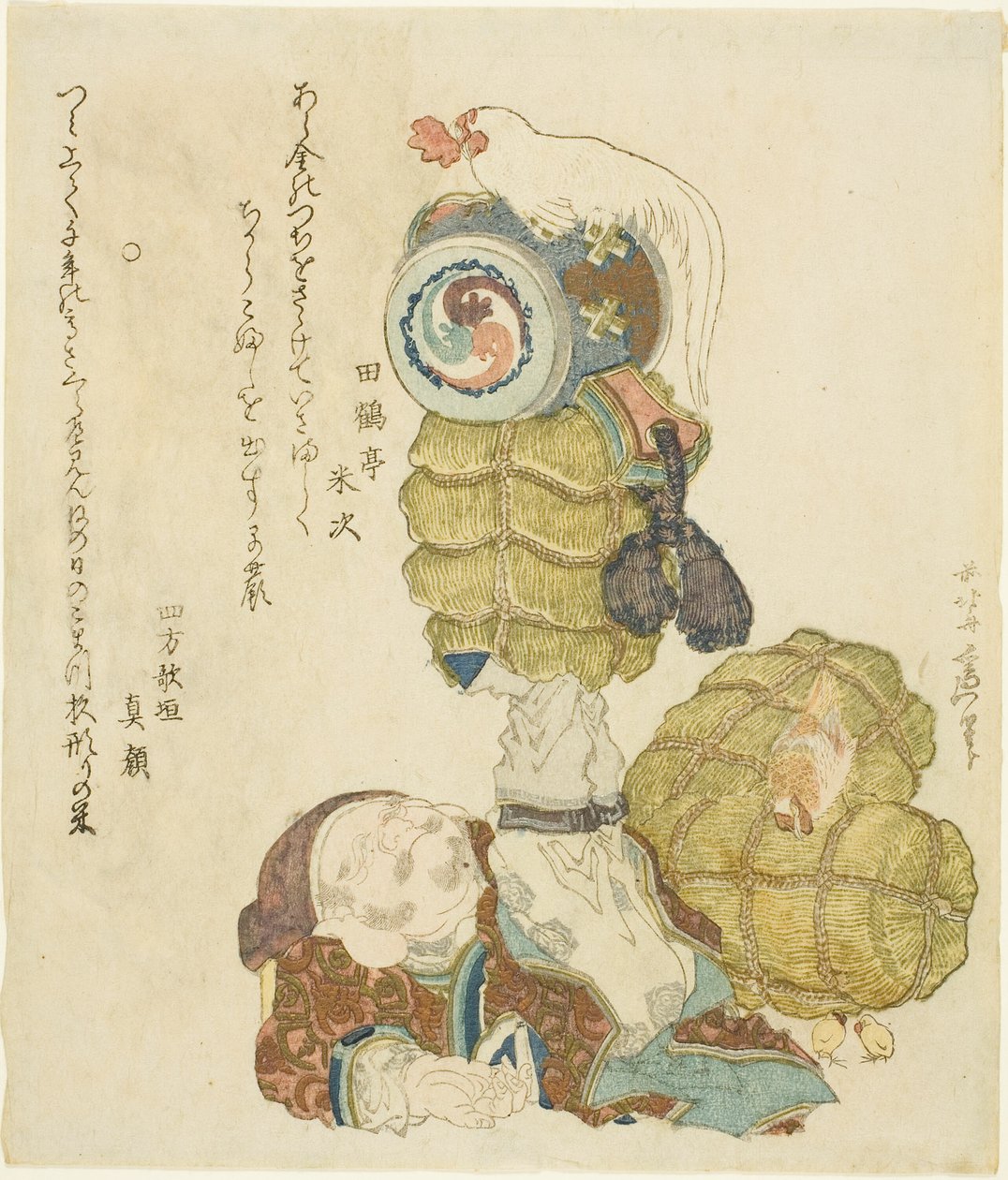 Daikoku rizsbálákat, kalapácsot és kakast egyensúlyoz a lábán alkotó: Katsushika Hokusai
