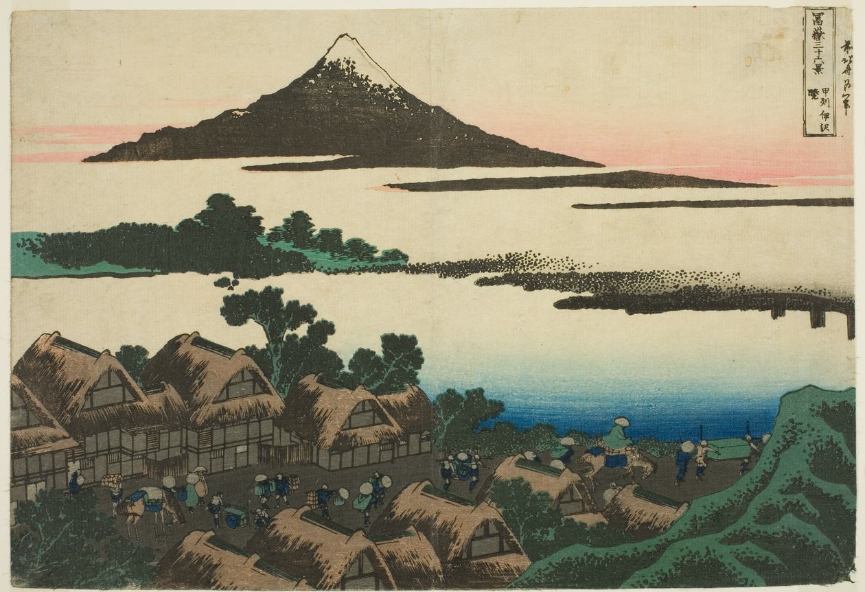 Hajnal a P Rovinse Isawa tagtársaságnál (Furushu Isawa no Akatsuki), a Teseriesből: "Tierty x Views of Mount Fuji (Fugaku Kasajirokukatsura)" alkotó: Katsushika Hokusai