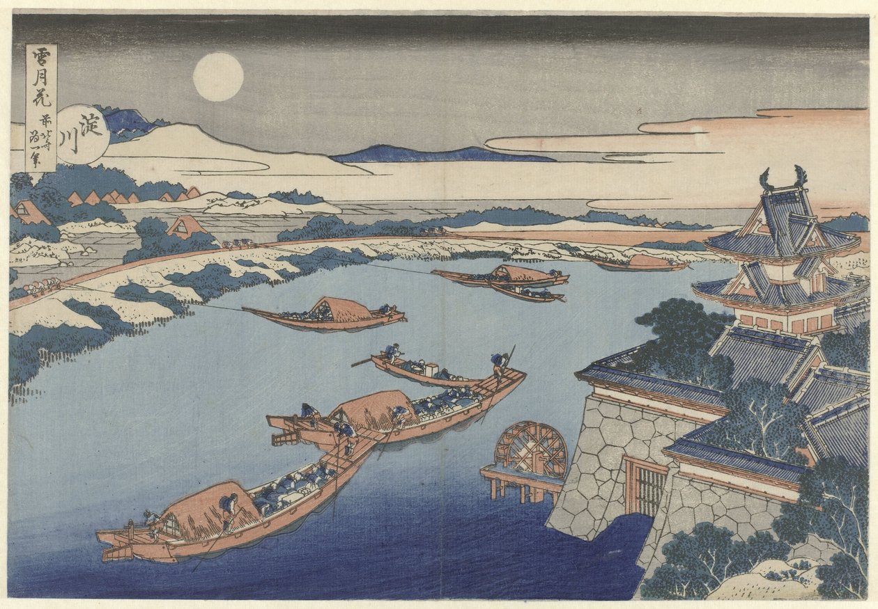 A Yodo folyó Holdfényben Yodogawa (cím a tárgyon) Hó, hold és virágok (sorozat címe) Setsugekka (sorozat címe az objektumon) alkotó: Katsushika Hokusai