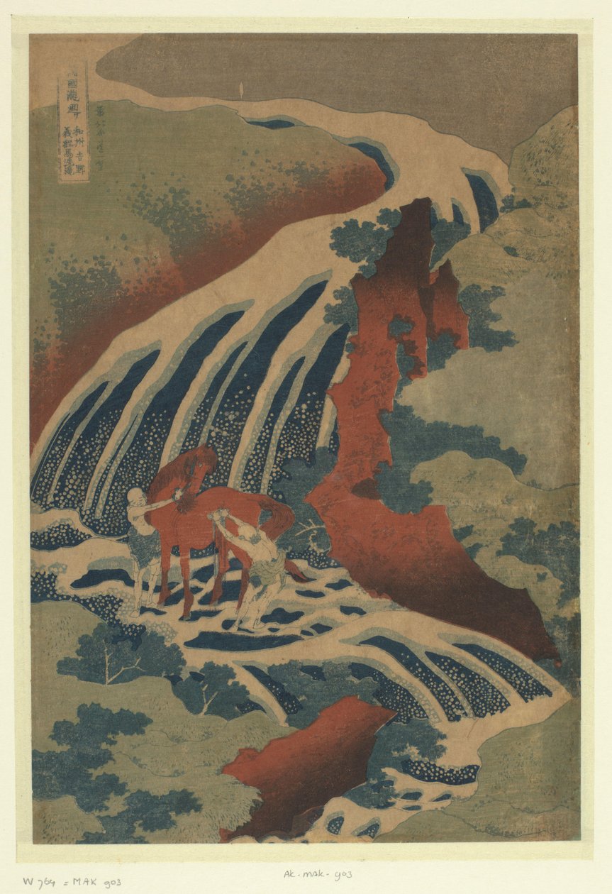 A vízesés, ahol Yoshitsune megmosta a lovát Yoshinóban, Yamato tartományban Washu Yoshino Yoshitsune uma taki (cím a tárgyon) Túra a vízeséseknél a tartományokban (sorozat címe) Soshu Oyama Roben no taki (sorozat címe az objektumon) alkotó: Katsushika Hokusai