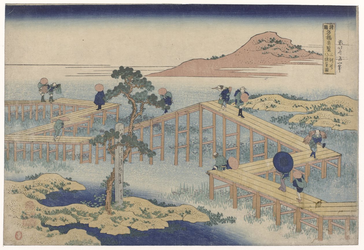 Cikcakk híd Mikawa tartományban Mikawa no yatsuhashi no kozu (cím a tárgyon) Kilátás a híres hídokról a tartományokban (sorozat címe) Shokoku Meikyo Kiran (cím a tárgyon) alkotó: Katsushika Hokusai