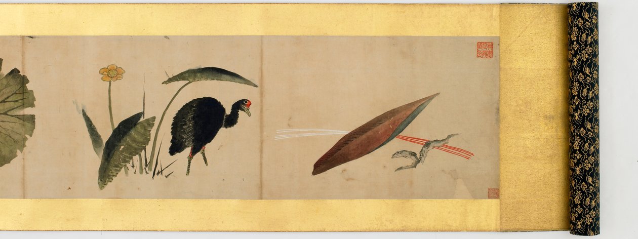Részlet a kézi tekercsről különféle képekkel, Edo-korszak, 1839-es tinta és színes papíron alkotó: Katsushika Hokusai