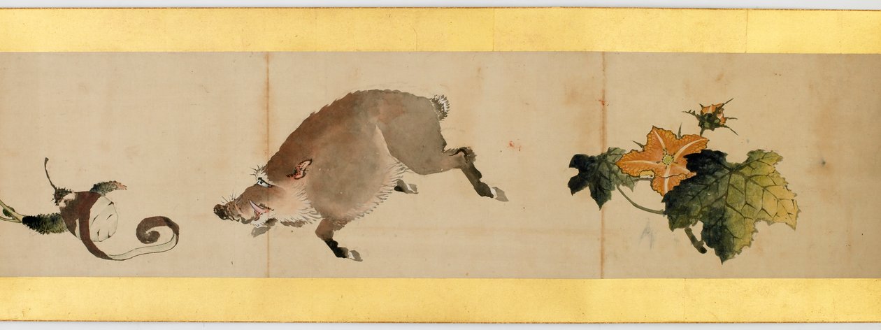 Részlet a kézi tekercsről különféle képekkel, Edo-korszak, 1839-es tinta és színes papíron alkotó: Katsushika Hokusai