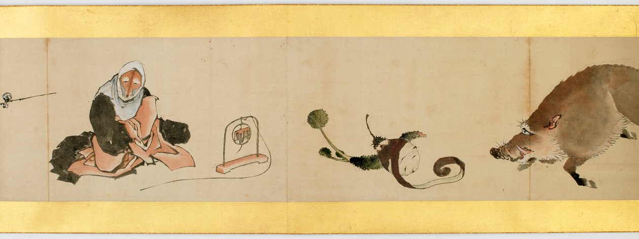 Részlet a kézi tekercsről különféle képekkel, Edo-korszak, 1839-es tinta és színes papíron alkotó: Katsushika Hokusai