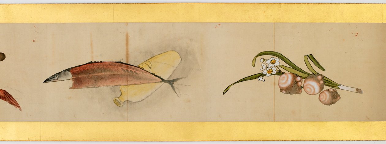 Részlet a kéziratos tekercsből különféle képekkel, Edo-korszak, 1839, tinta és szín, papír alkotó: Katsushika Hokusai