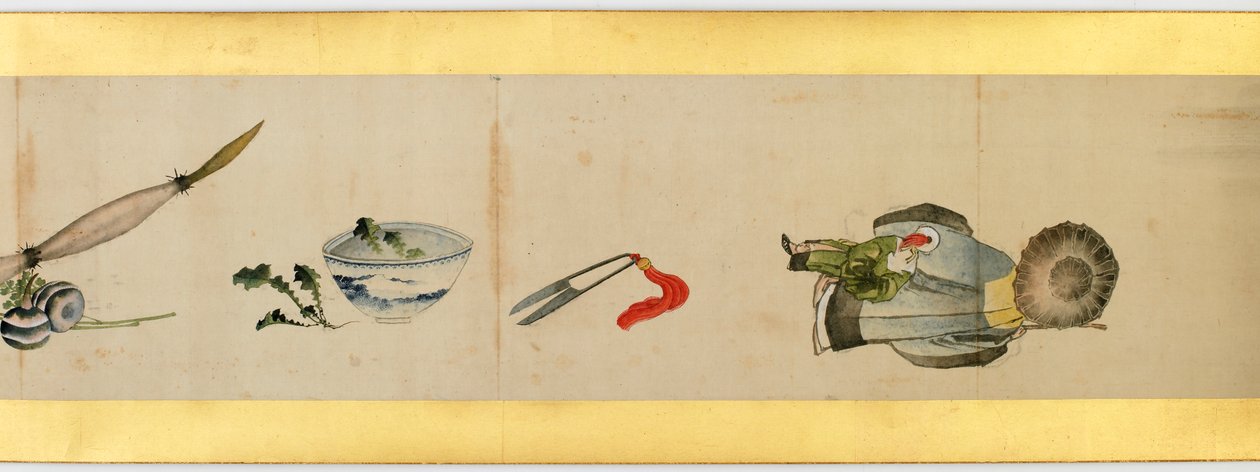 Részlet a kézi tekercsről különféle képekkel, Edo-korszak, 1839-es tinta és színes papíron alkotó: Katsushika Hokusai