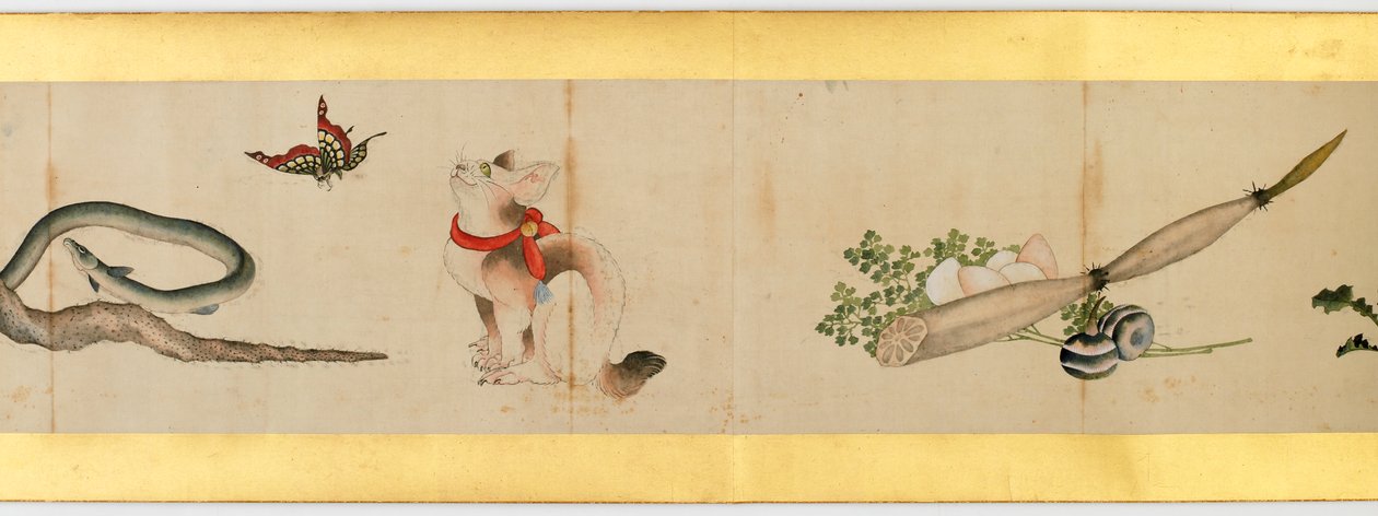 Részlet a kézi tekercsről különféle képekkel, Edo-korszak, 1839-es tinta és színes papíron alkotó: Katsushika Hokusai