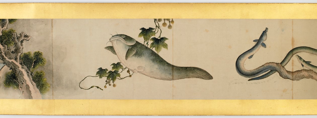 Részlet a kézi tekercsről különféle képekkel, Edo-korszak, 1839-es tinta és színes papíron alkotó: Katsushika Hokusai