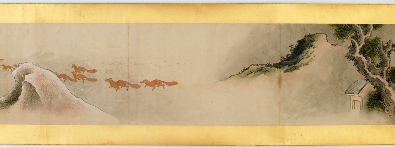 Részlet a kézi tekercsről különféle képekkel, Edo-korszak, 1839-es tinta és színes papíron alkotó: Katsushika Hokusai