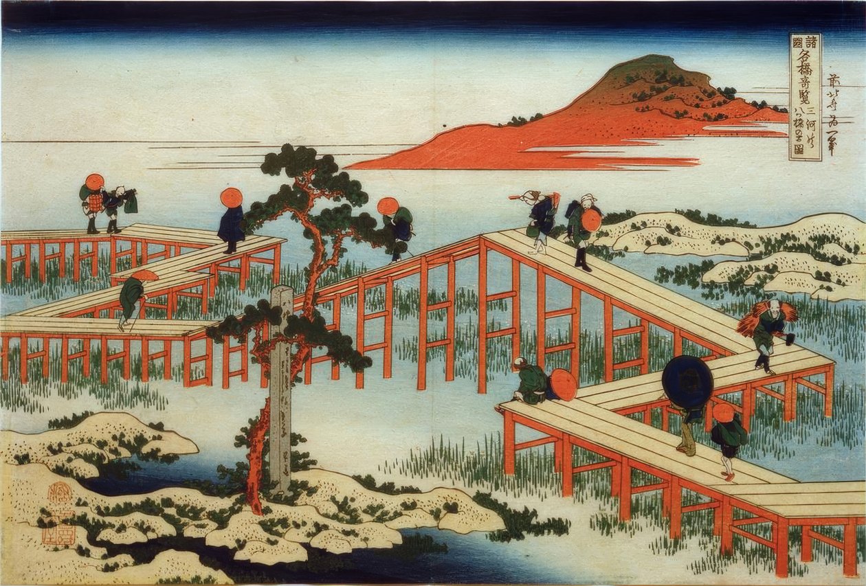 A régi kilátás a Yatsuhashi-hídra Mikawa tartományban alkotó: Katsushika Hokusai