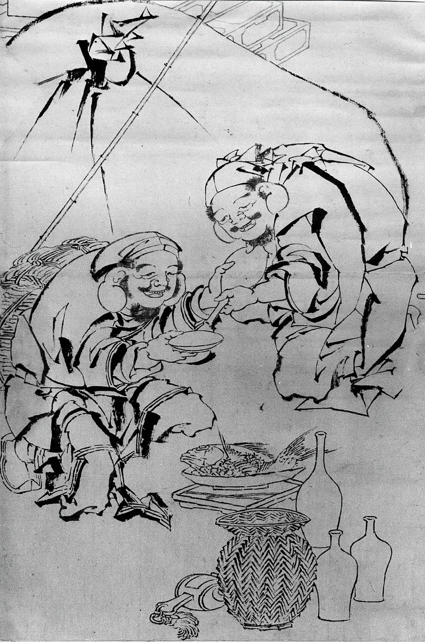 Ebisu és Daikoku Újévi Fesztivál ünneplése, 18-19. század. alkotó: Katsushika Hokusai