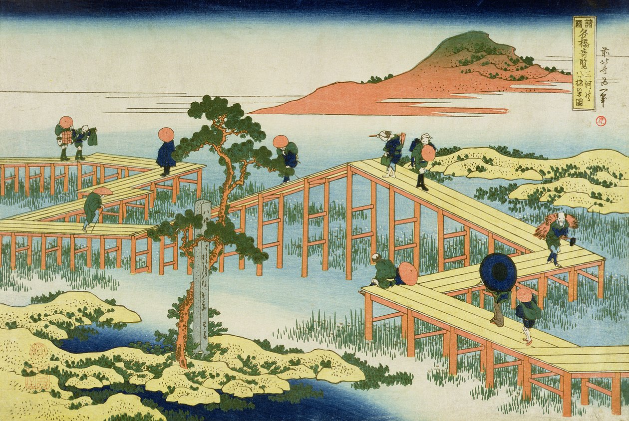 Nyolc részes híd, Mucawa tartomány, Japán, 1830 körül (fatömbnyomat) alkotó: Katsushika Hokusai