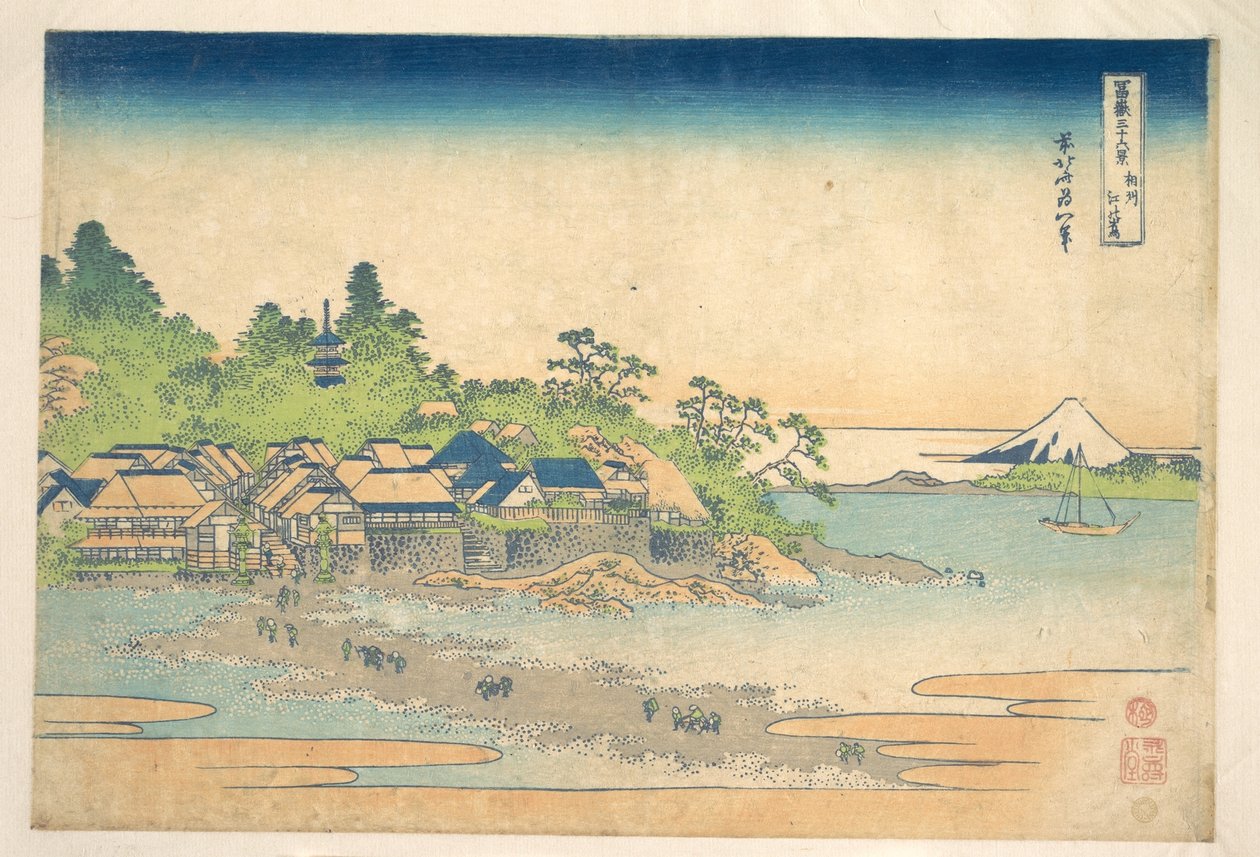 Enoshima a Sagami tartományban (Sōshū Enoshima), a „A Fuji-hegy harminchat látképe” (Fugaku sanjūrokkei) című sorozatból alkotó: Katsushika Hokusai