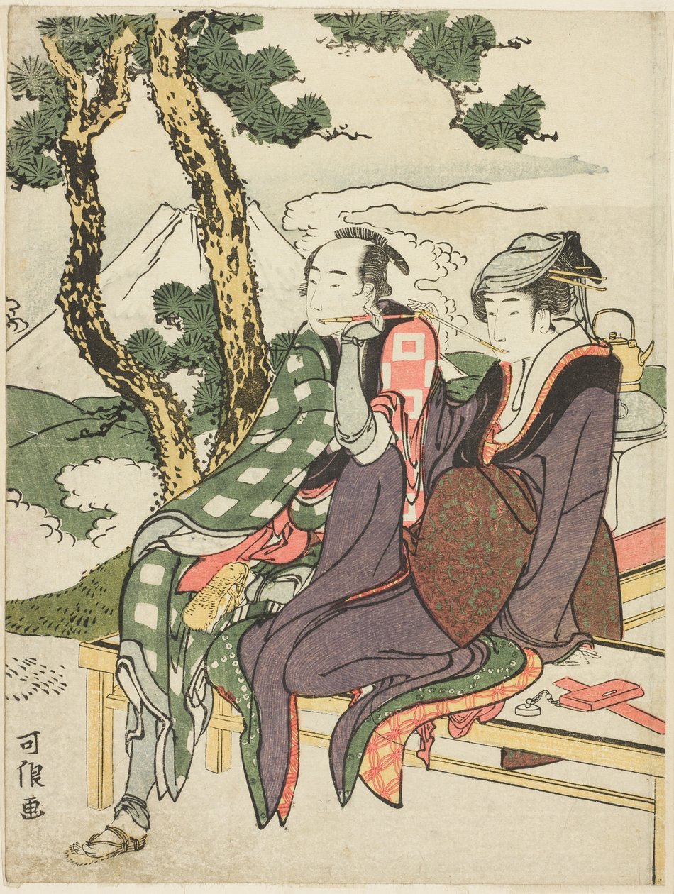 Evening Glow for Date no Yosaku és Seki no Koman, a "Tragikus szerelmesek nyolc nézete (Michiyuki hakkei)" cím nélküli sorozatból. alkotó: Katsushika Hokusai