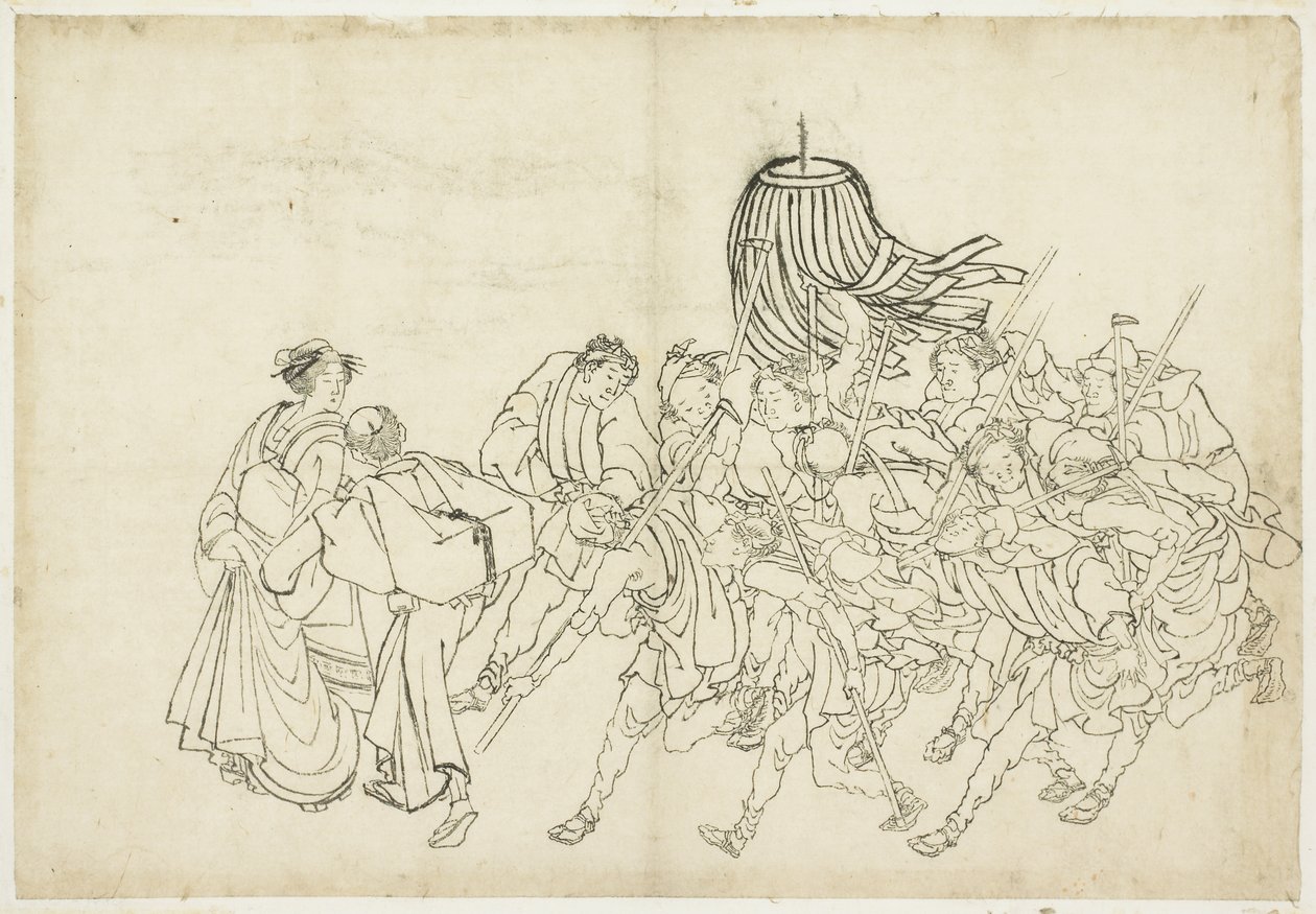 Fesztiváljukra vonuló tűzoltók, 1615-1868 (tinta papíron) alkotó: Katsushika Hokusai