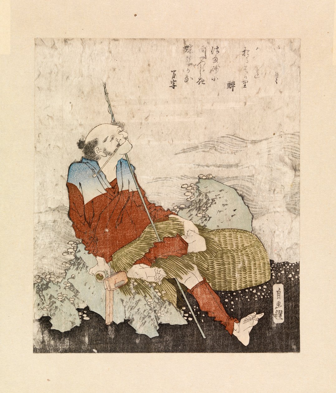 A patak mellett dohányzó halász, 1835 körül (színes fametszet) alkotó: Katsushika Hokusai
