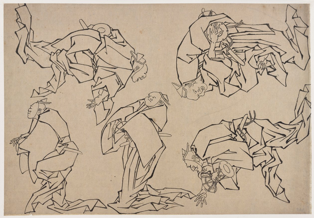 Öt zenész dobban, 18. század vége-19. század eleje. alkotó: Katsushika Hokusai