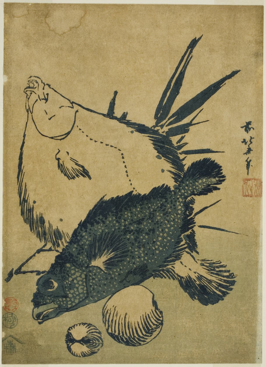 Lepényhalak, skorpióhalak és kagylók a csubanyomatok cím nélküli sorozatából alkotó: Katsushika Hokusai