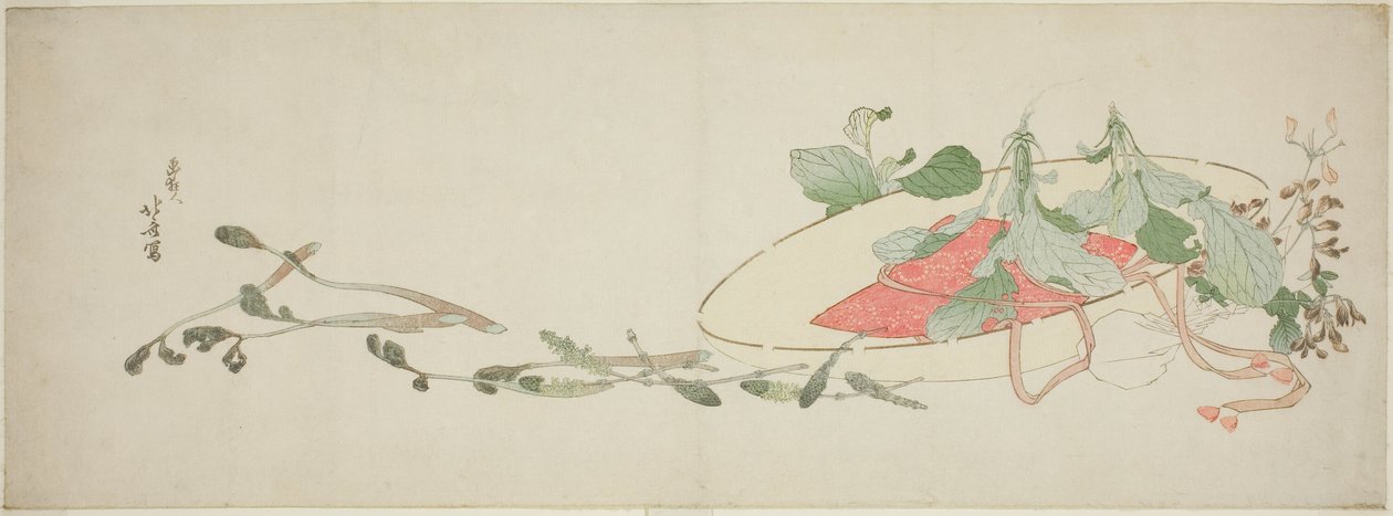 Virágok és tavaszi zöldek egy kalapban alkotó: Katsushika Hokusai