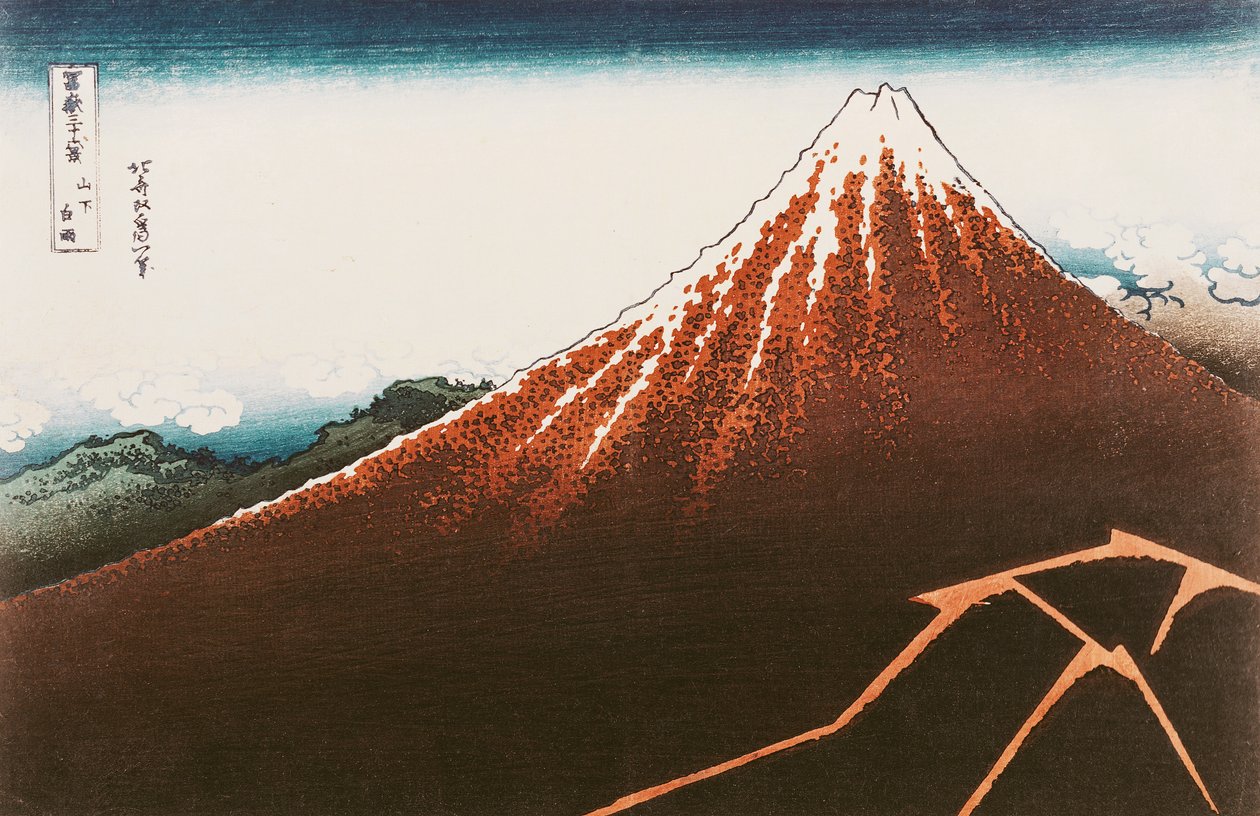 Fuji a villámlás felett", a "36 Views of Mt. Fuji" ("Fugaku sanjurokkei") sorozatból (színes fametszet) (lásd még 65991). alkotó: Katsushika Hokusai