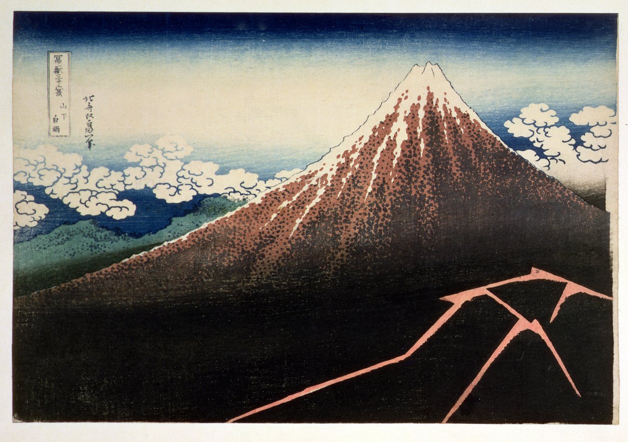Fuji a villám felett”, a „36 kilátás a Fudzsi-hegyre” („Fugaku sanjurokkei”) sorozatból, pub. Nishimura Eijudo, 1831, (kézzel színezett fatömbnyomat) alkotó: Katsushika Hokusai