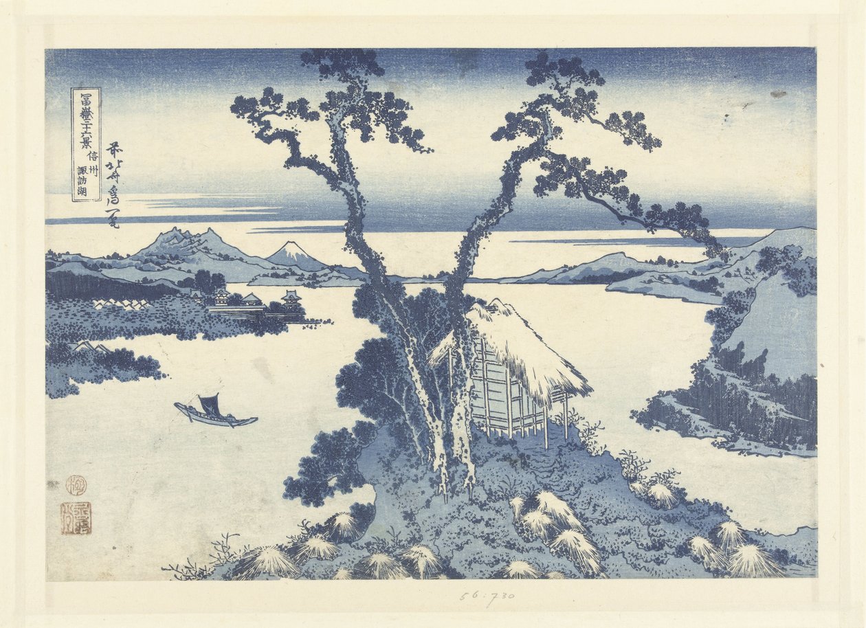 Suwa-tó Shinano tartományban Shinshu Suwako (cím a tárgyon) 36 kilátás a Fuji-hegyről (sorozat címe) Fugaku sanjurokkei (sorozat címe az objektumon) alkotó: Katsushika Hokusai