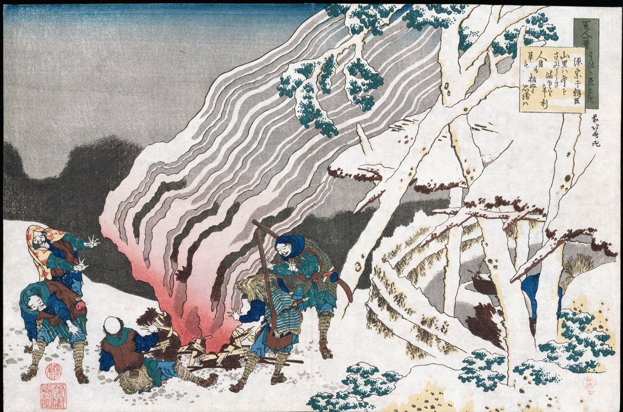 Vadászok tűznél a hóban", a "Száz vers a nővér elmondása szerint" sorozatból, 1835 körül megjelent alkotó: Katsushika Hokusai