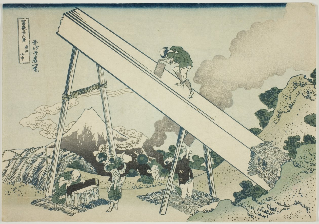 A Totomi-hegységben (Totomi sanchu), a "Harminchat kilátás a Fudzsi-hegyre (Fugaku sanjurokkei)" sorozatból alkotó: Katsushika Hokusai
